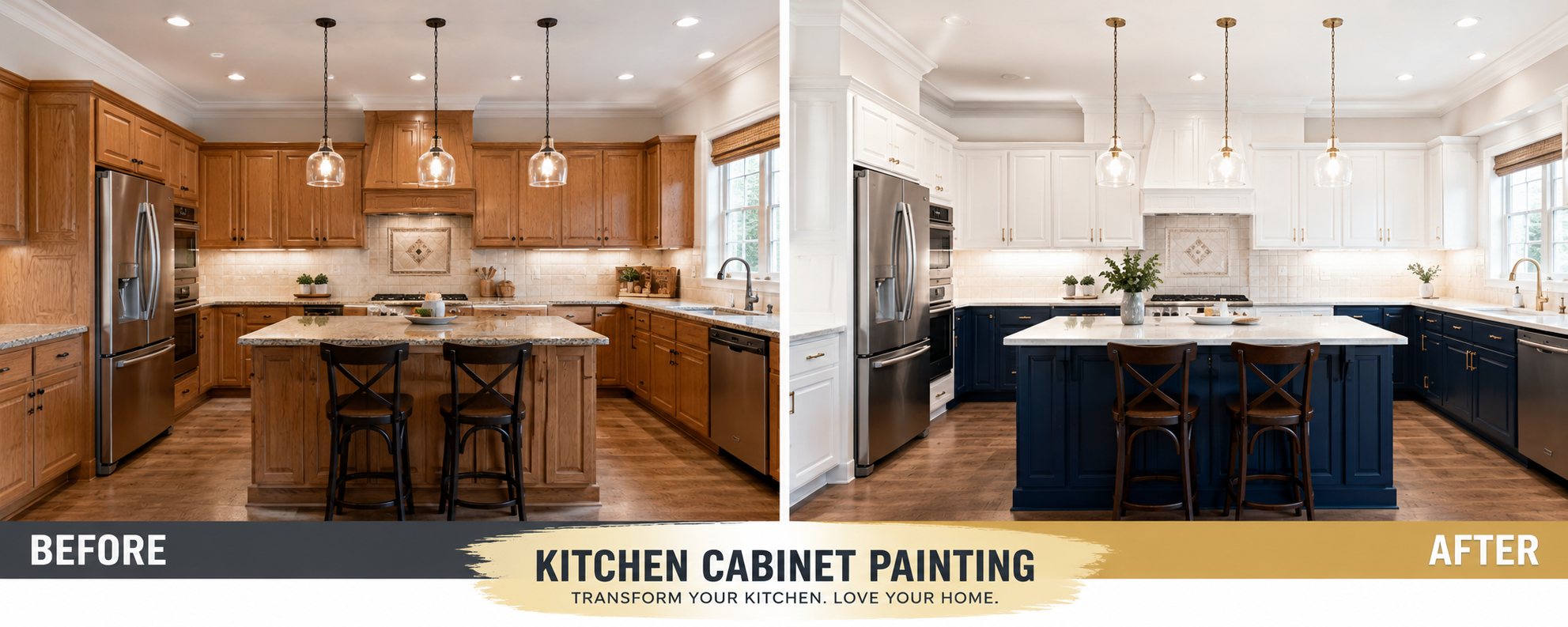 Before and after kitchen cabinet painting — dated oak cabinets transformed to white uppers with a navy island