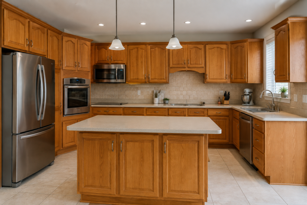 Before: dated kitchen cabinets in Mississauga, ON