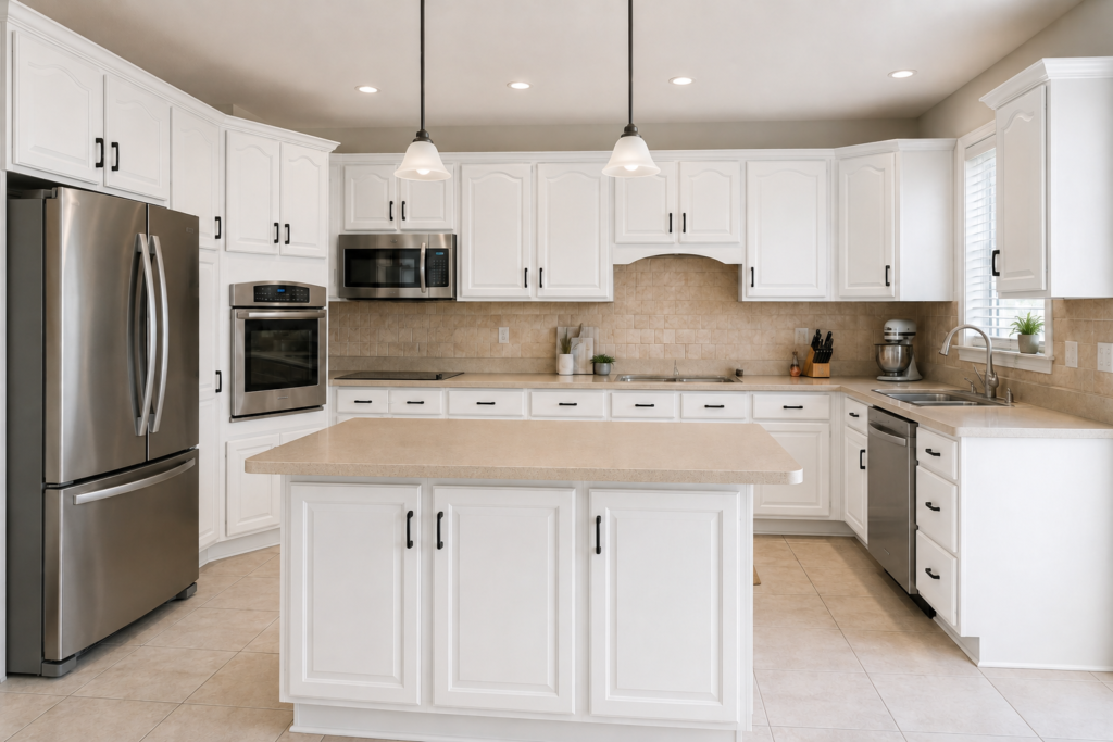 After: professionally sprayed kitchen cabinets in Mississauga, ON